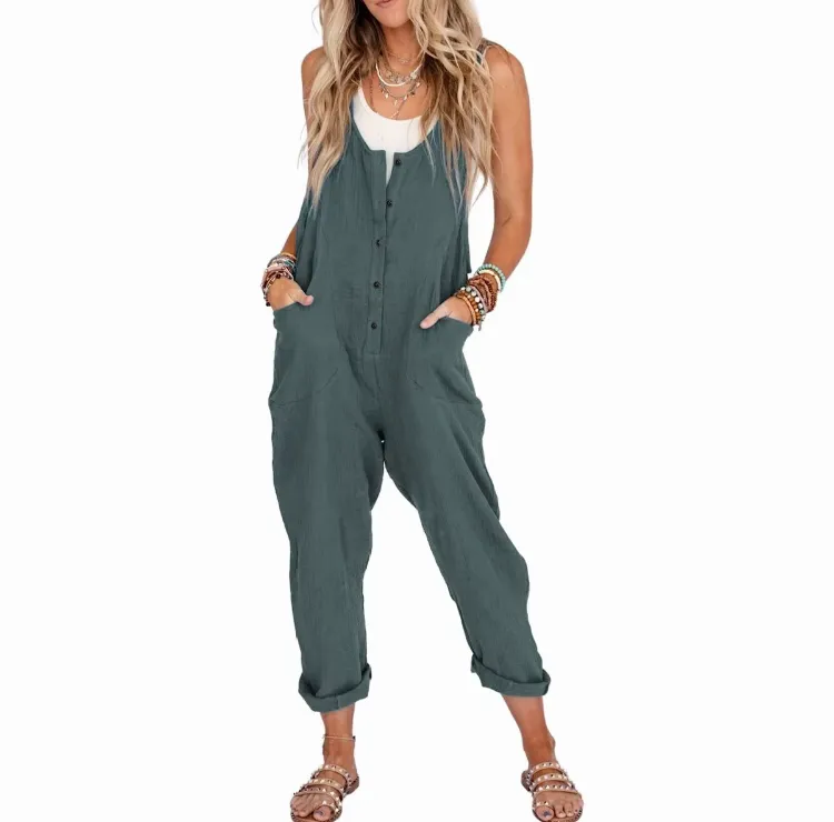 Women's Linen Cotton Overalls – Lightweight Casual Jumpsuits with Pockets for Summer