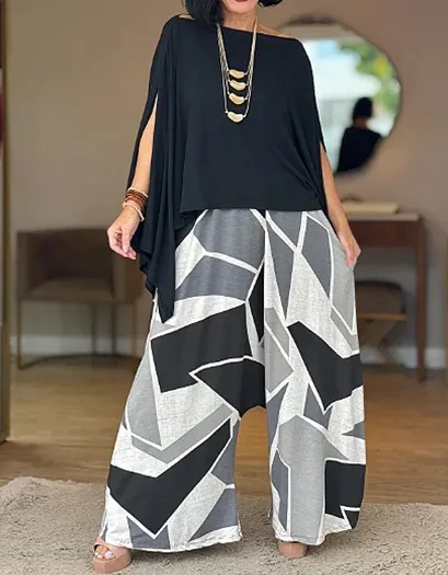 Women's Casual Solid Top & Printed Pants Set – Effortless Everyday Style