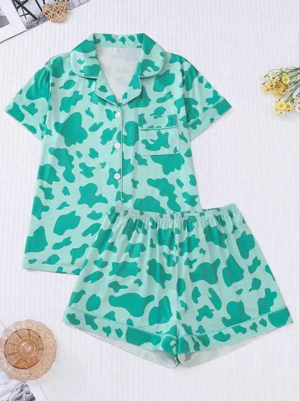 Women's Cow Print Contrast Binding Pyjama Set