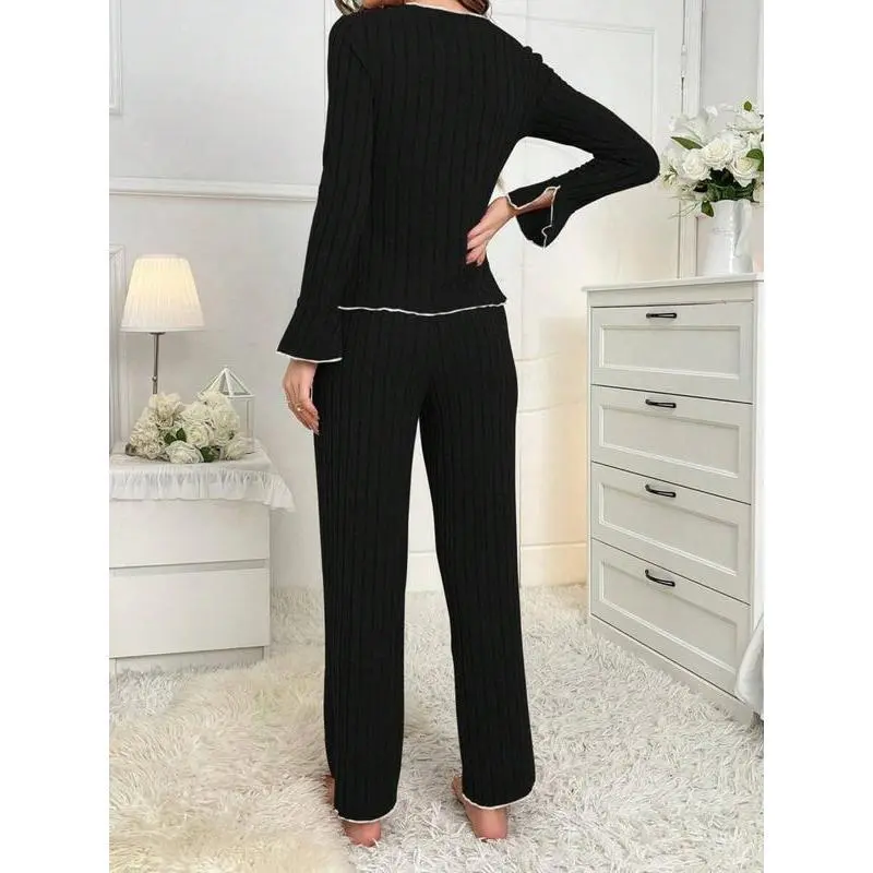 Women's Solid Lettuce Trim Top & Pants Loungewear Two-Piece Set