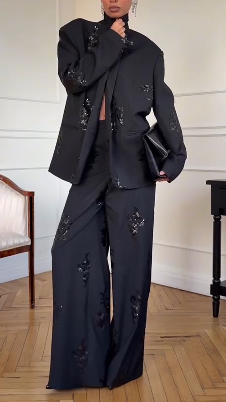 Women Laple Collar Sequin Printed Jacket+ Pants Temperament Commuting Set