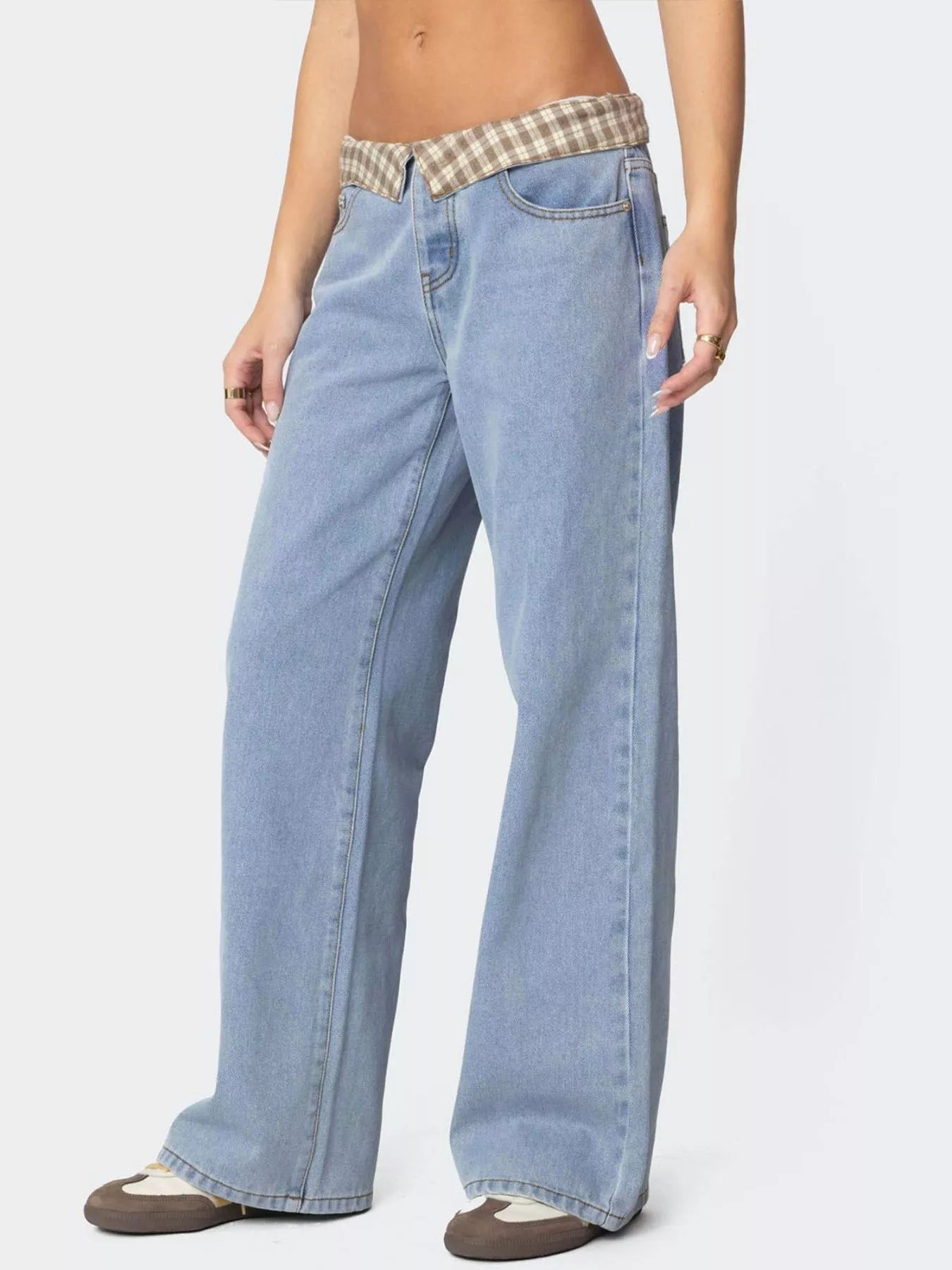 Plaid Trim Wide Leg Jeans