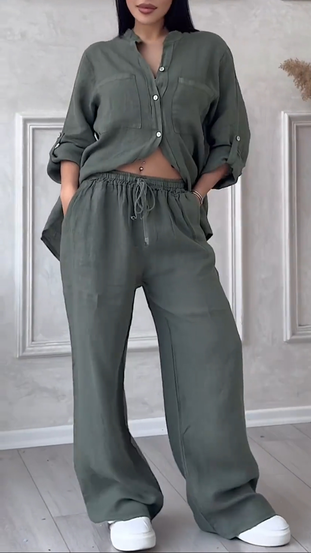 Women's V-neck Cotton and Linen Casual Suit