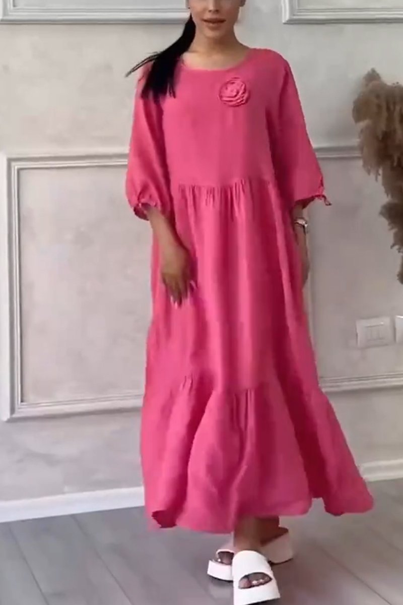 Women's Casual Cotton and Linen Gathered Floral Dress