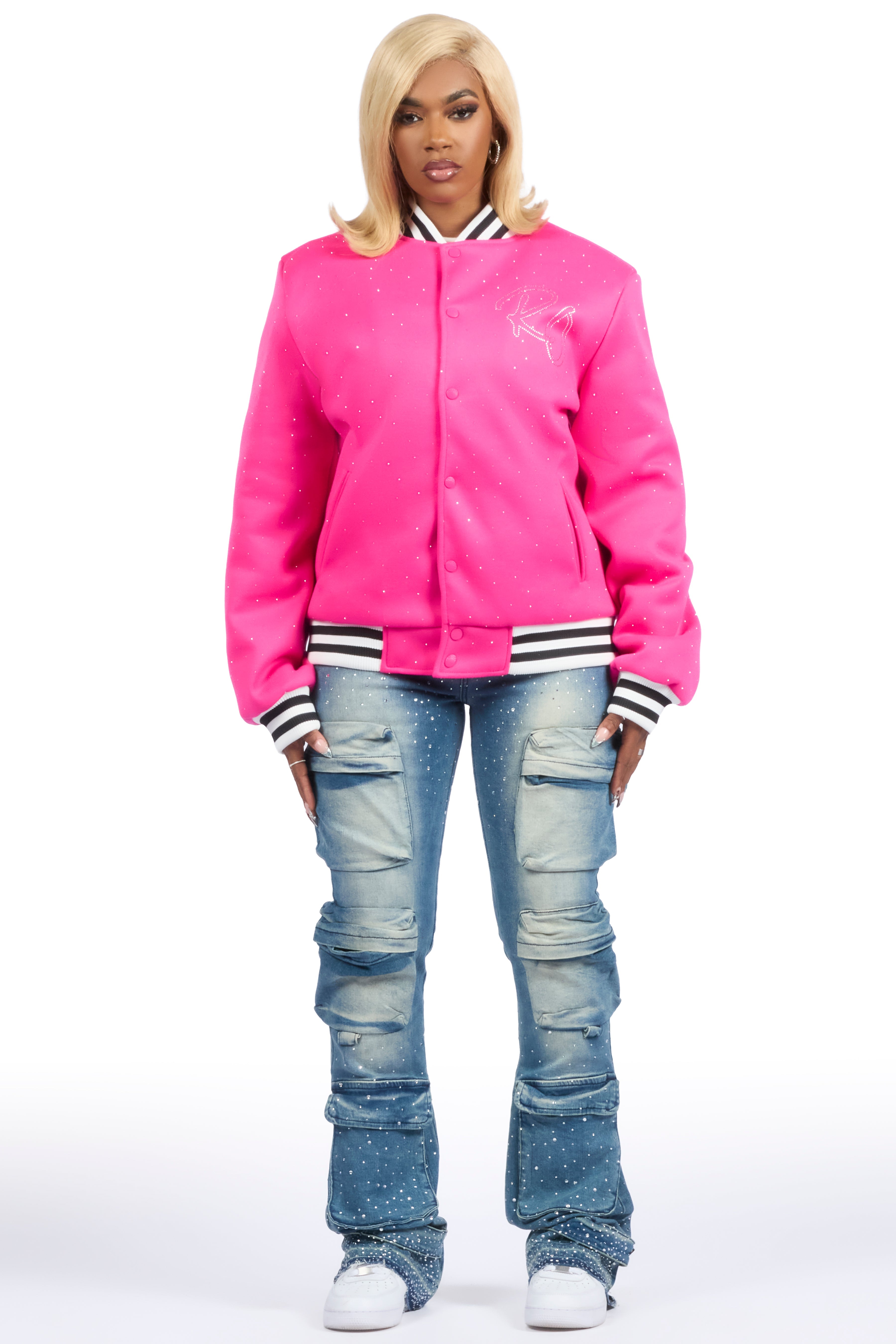 Alonza Hot Pink Rhinestone Varsity Jacket