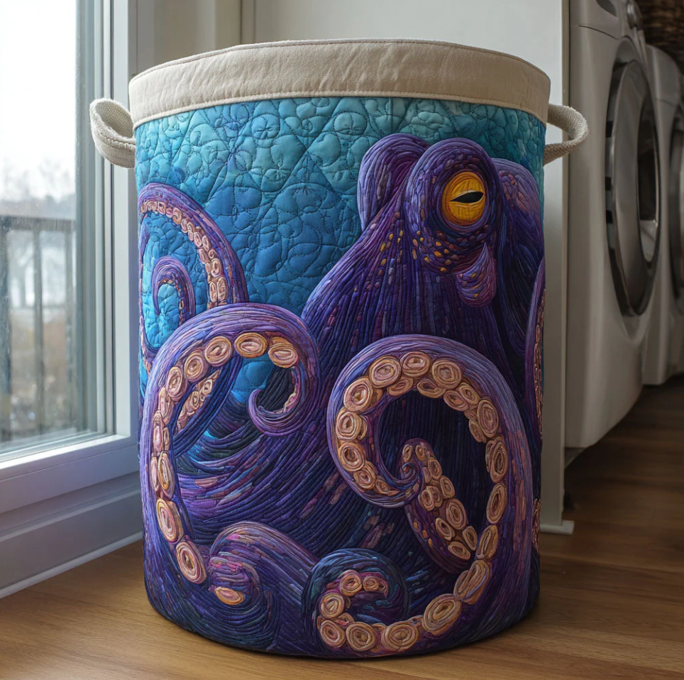 Vivid Underwater Octopus Pattern Quilted Laundry Basket Eco-Friendly Machine Washable Storage Organizer for Home Coastal Bathroom Decor | Octopus