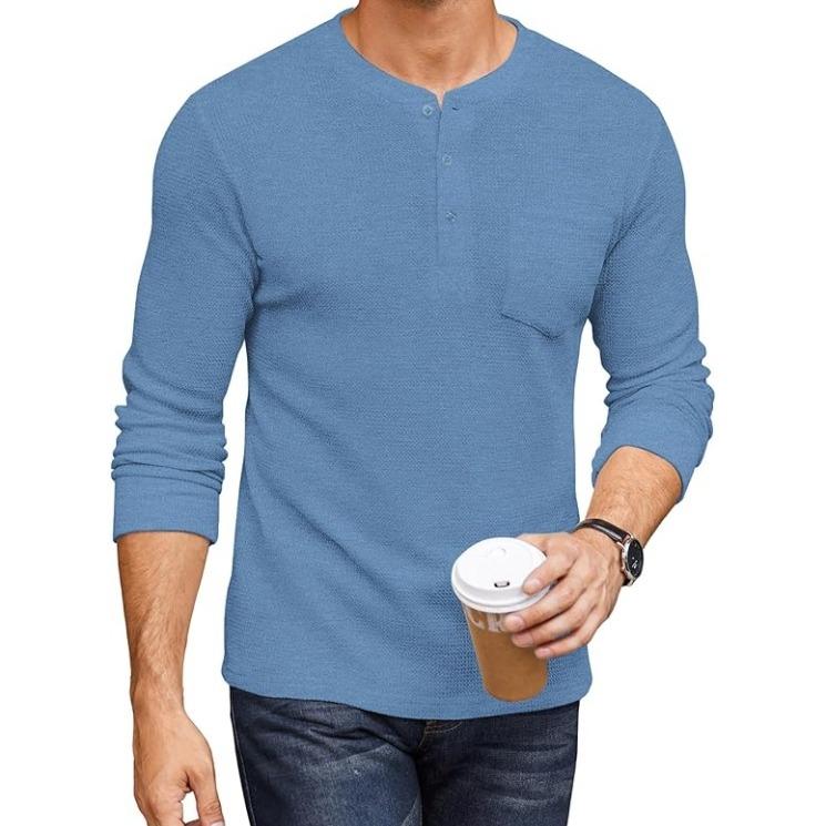 Men’s Long Sleeve Waffle Henley Shirt with Pocket