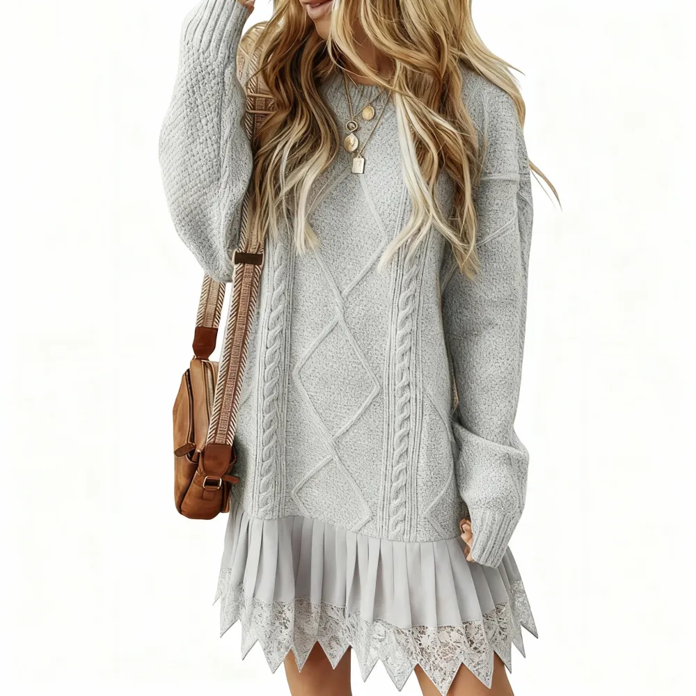 2025 Women's Cable Knit Lace Mini Sweater Dress 2PC