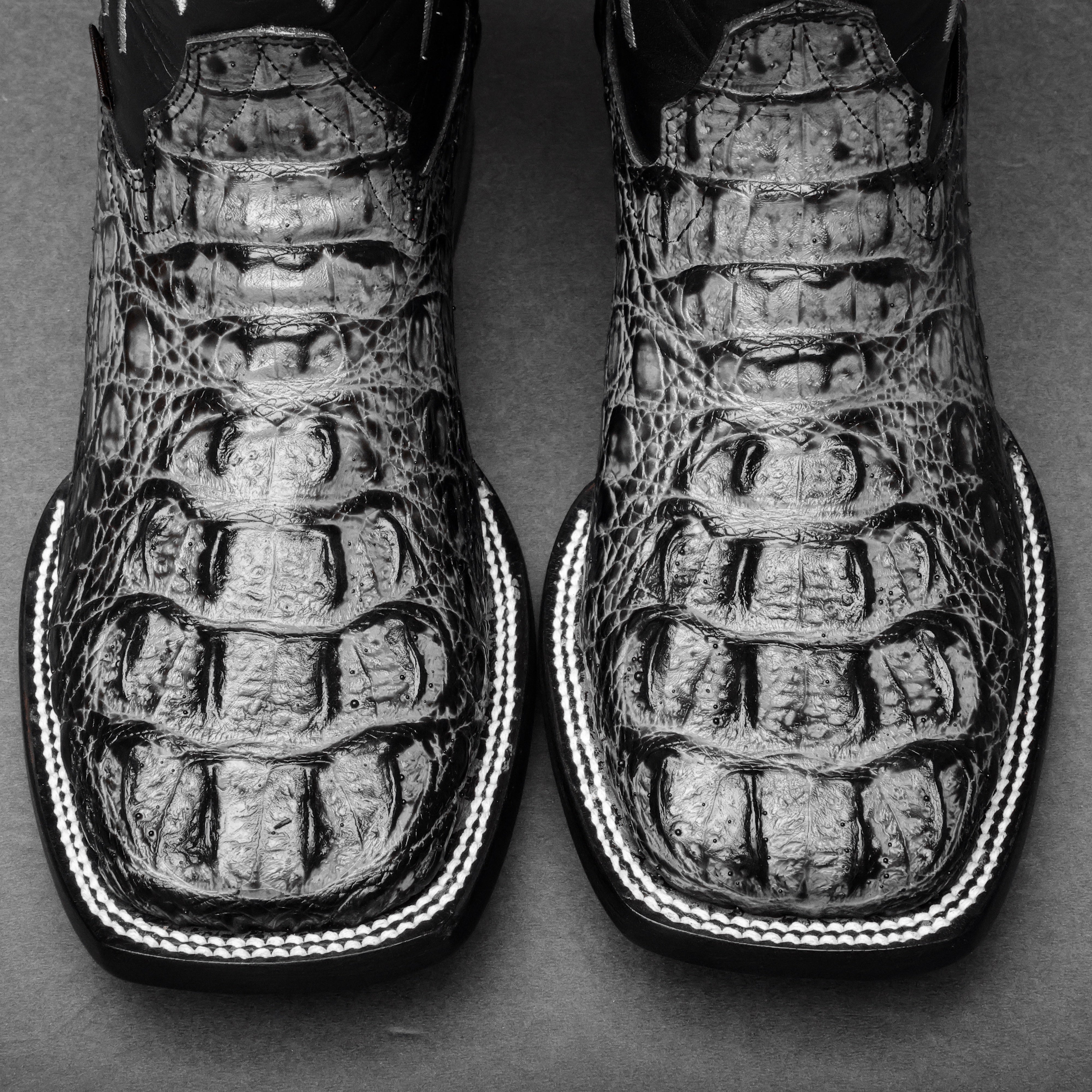 Grey Caiman Neck Leather Boots - Square Toe