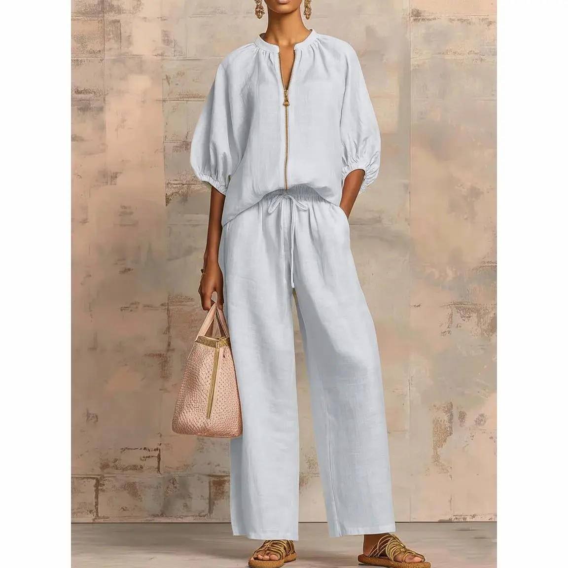 Chic Linen-Blend Quarter-Zip Lounge Set - Effortless Two-Piece Summer Outfit