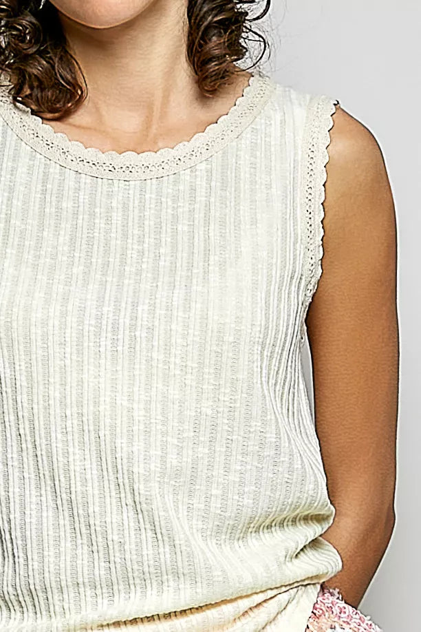POL Ribbed Round Neck Tank with Lace Trim