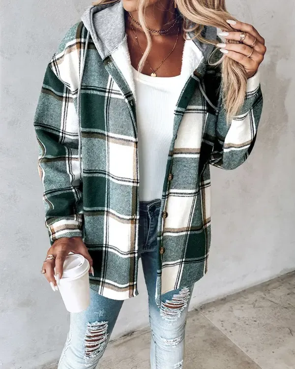 Plaid Pattern Long Sleeve Shacket Button Down Fleece Lined Hooded Jackets Warm Coat