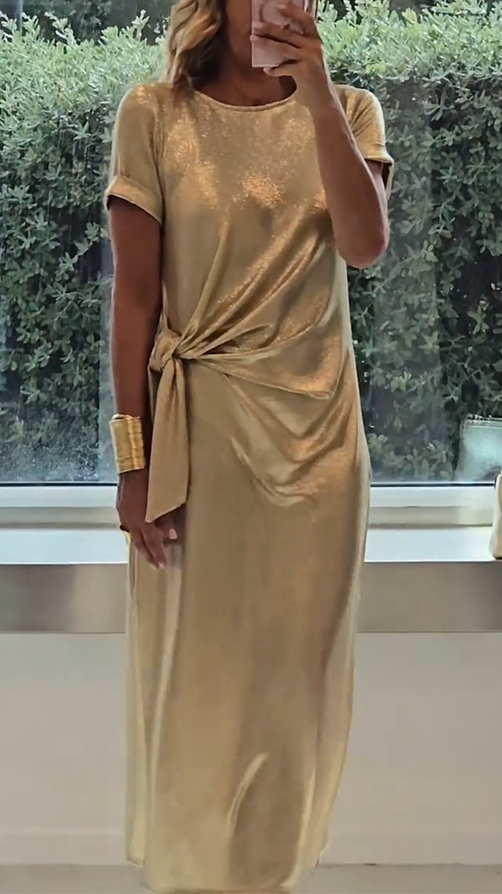 Ladies Round Neck Pleated Slit Temperament Casual Dress