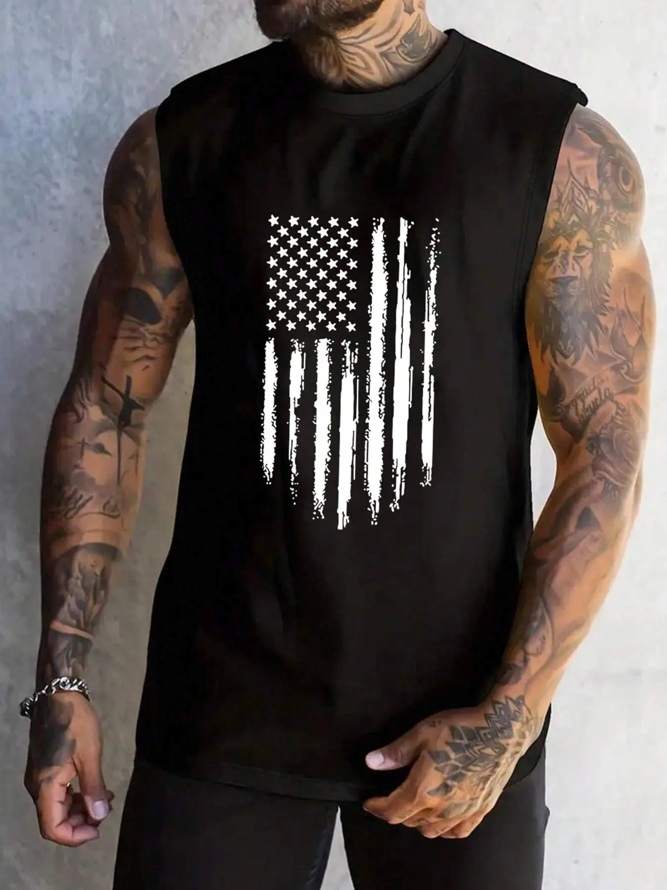 Men's American Flag Graphic Print Round Neck Tank Top Vest
