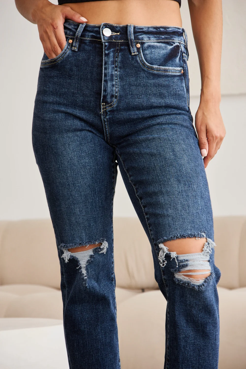 Crop Full Size Tummy Control Distressed High Waist Raw Hem Jeans