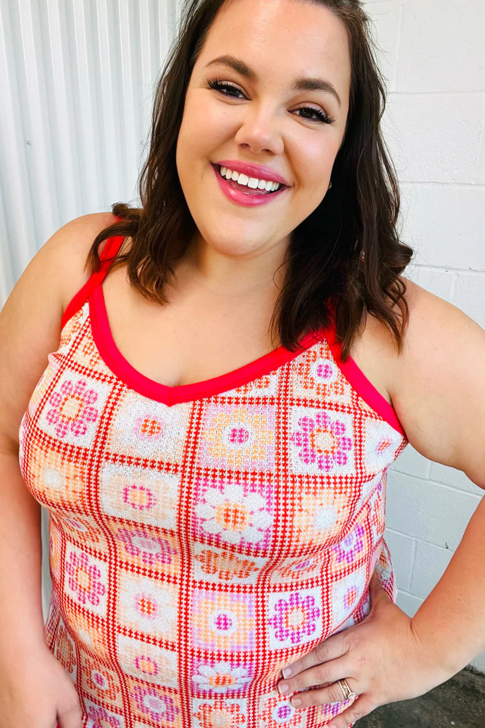 Retro In Bloom Coral Flower Power Waffle Knit Sleeveless Top