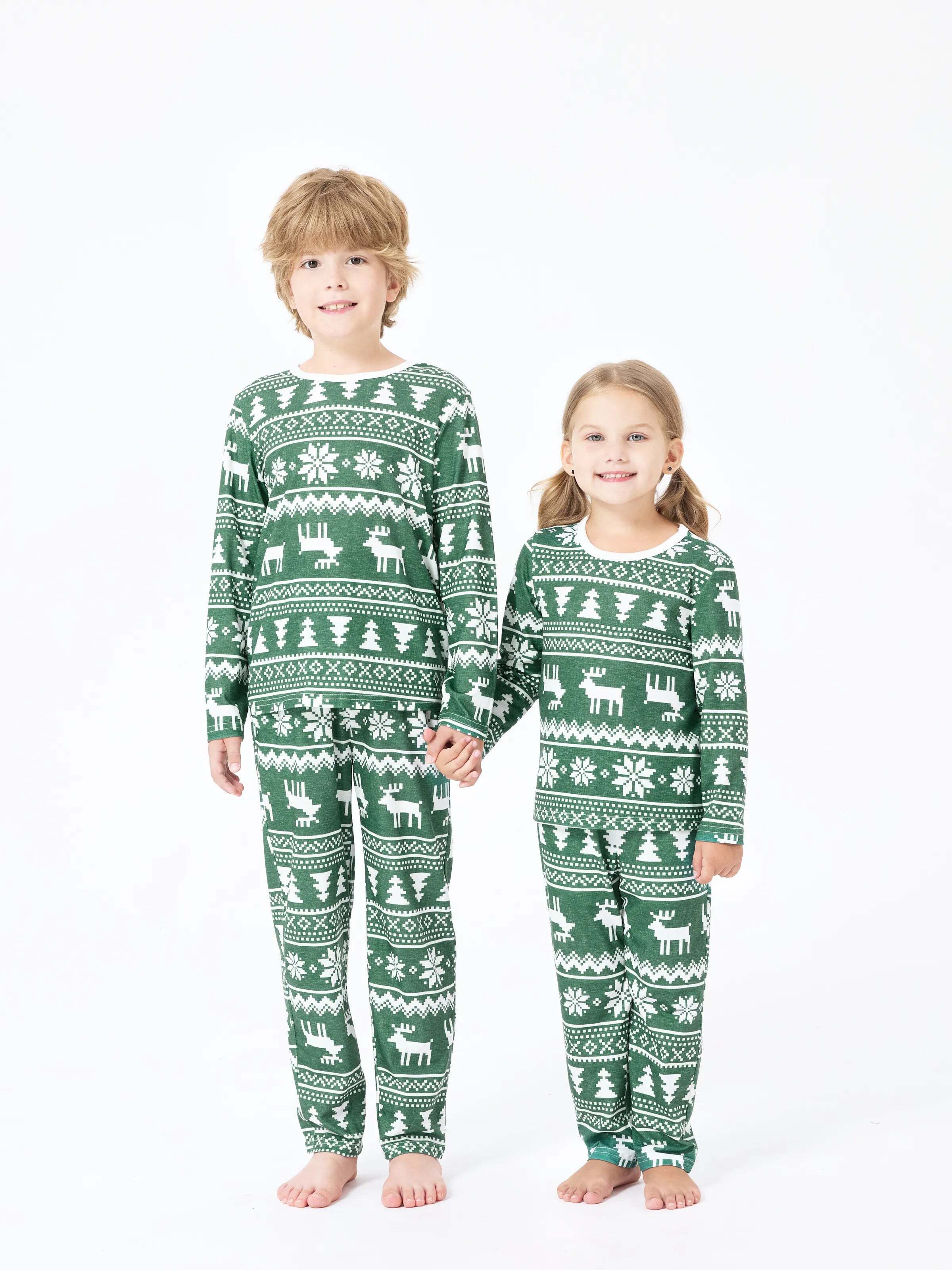 Christmas Matching Family Pajamas Set Reindeer and Snowflake Green Print PJS with Christmas Socks Dark Green