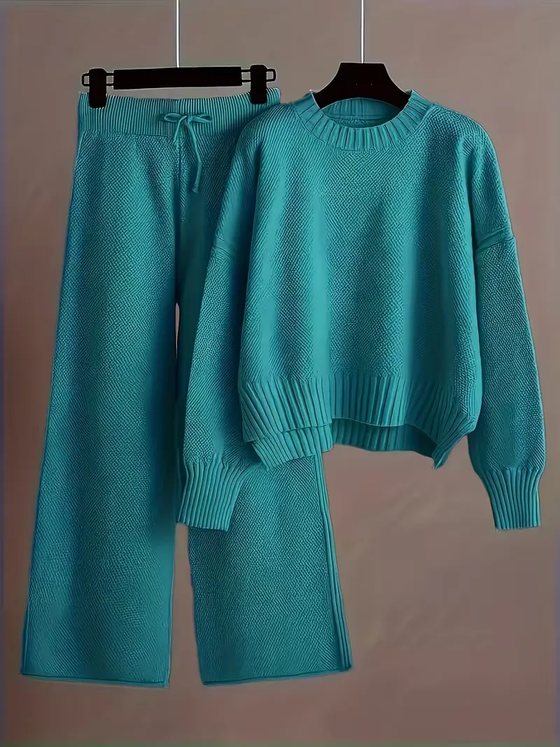 Elegant Seed Stitch Knit Sweater & Wide-Leg Pants Two-Piece Set