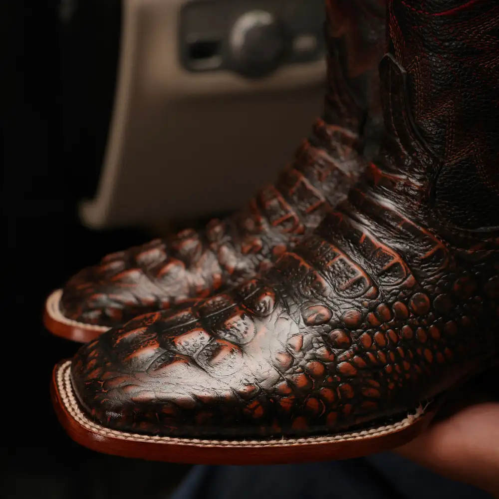 Copper Caiman Neck Leather Boots - Square Toe