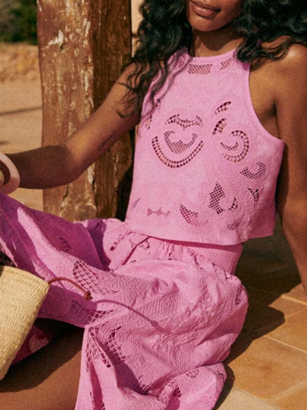 Ladies' New Casual Loose Vacation Irregular Graphic Vest + Skirt Slit Suit