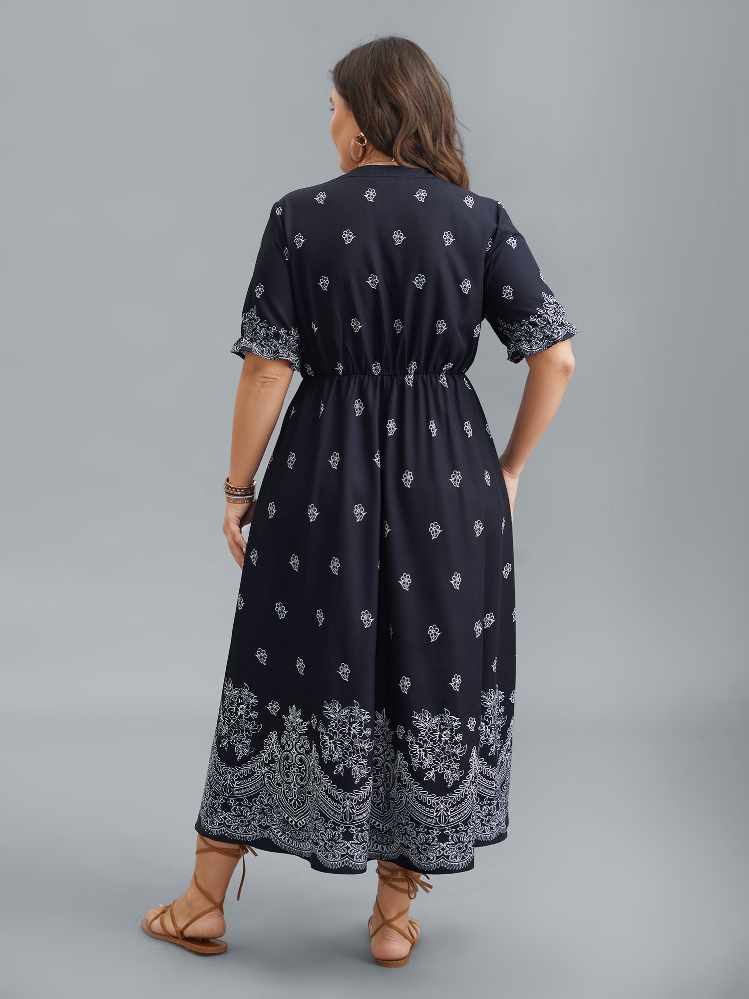 Floral Waist-Tie Notched Collar Midi Dress