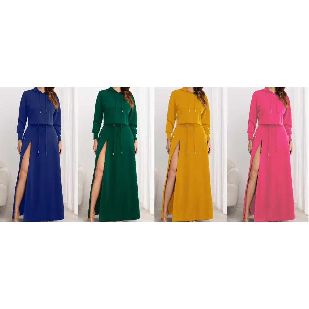 Women's Solid Drawstring Hoodie & Split Thigh Skirt Set