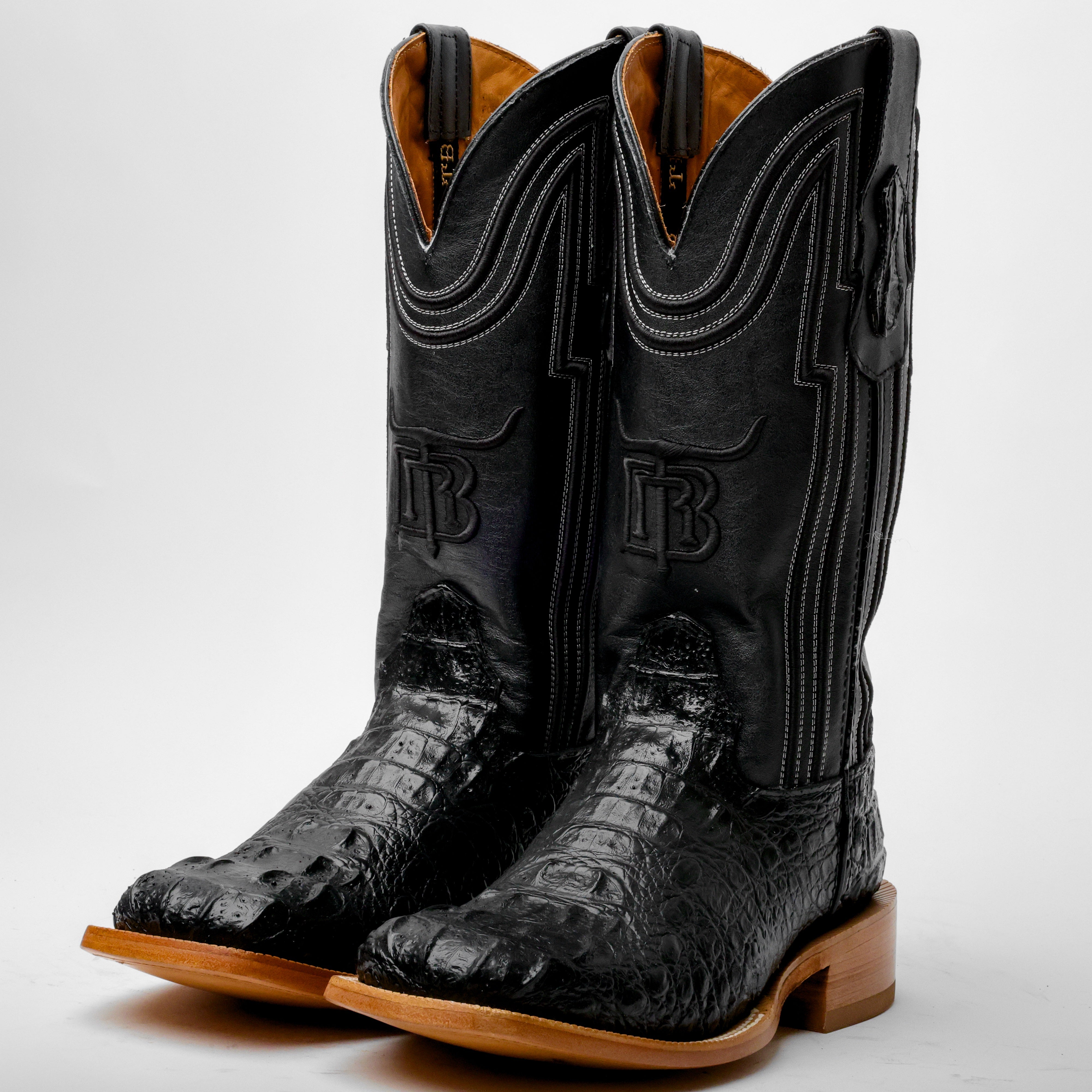 Black Caiman Neck Leather Boots - Square Toe
