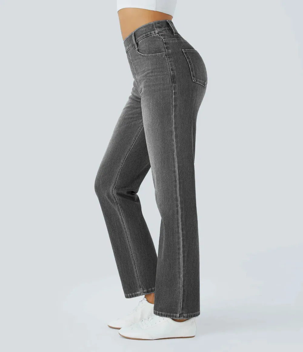 Stretch-Knit Straight-Leg Jeans with Multiple Pockets