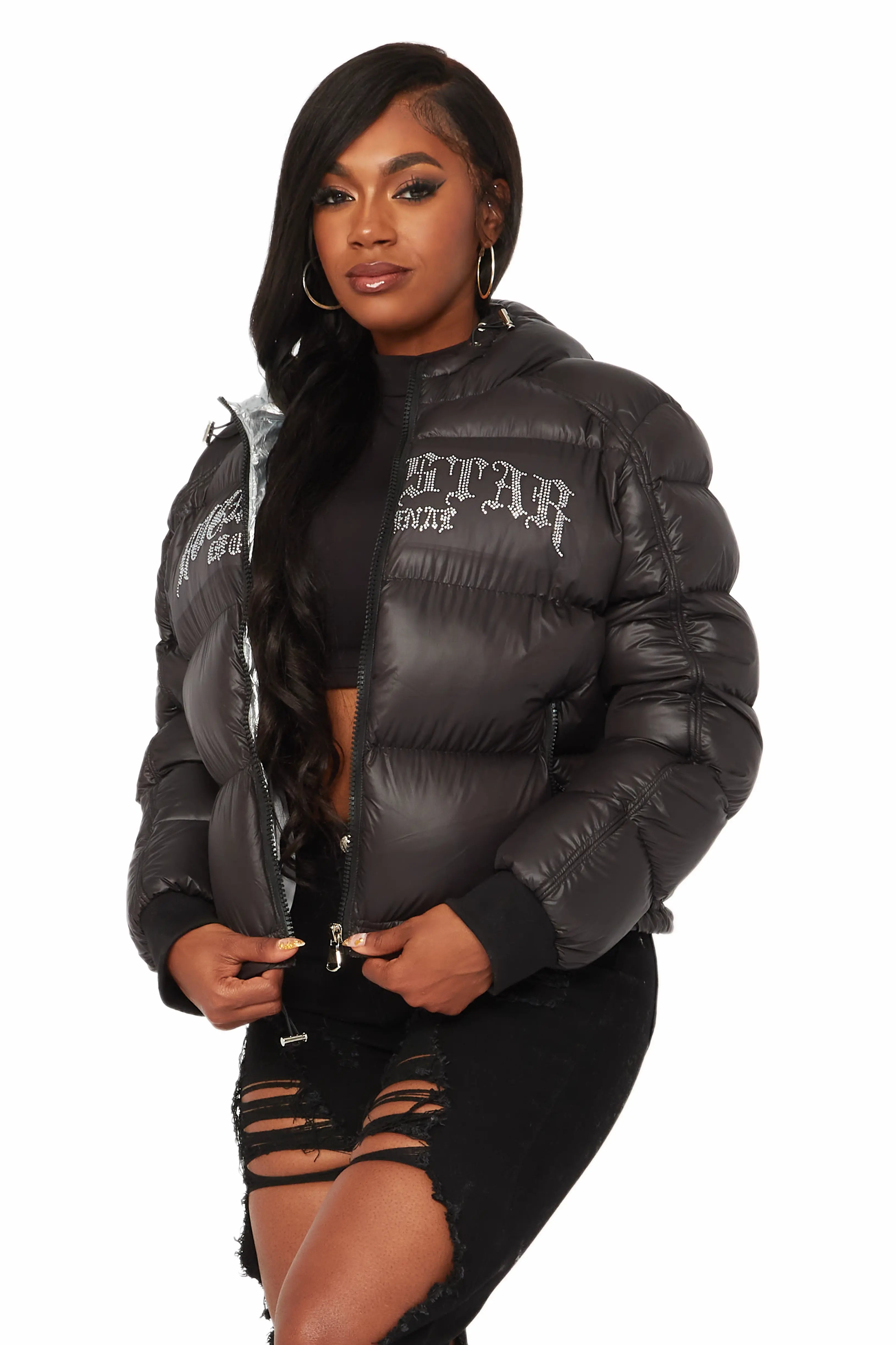 Rose Black Puffer Jacket