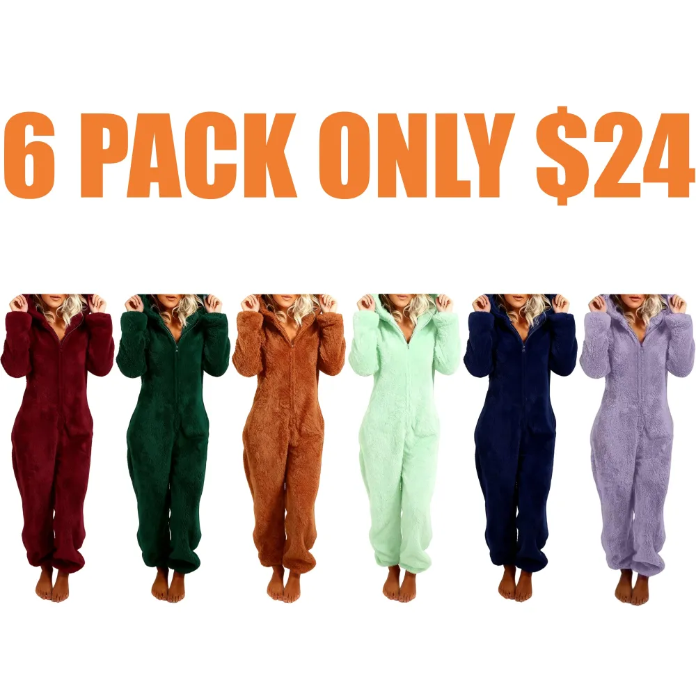Women's Solid Zipper Hooded Plush Pajama Jumpsuit