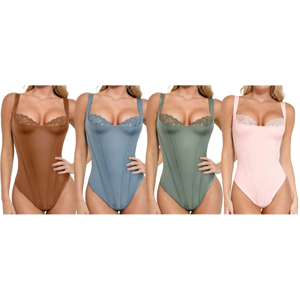 Leather Corset Top bodysuit Lace Trim Shapewear Tummy Control Bustier