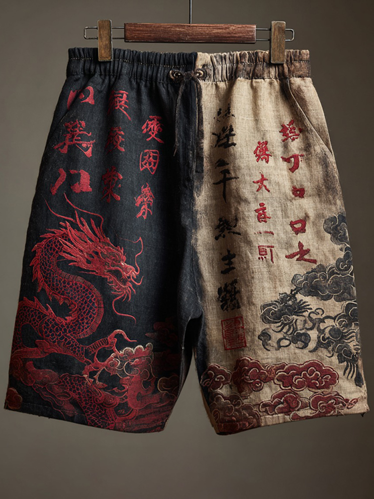 Men's Japanese Calligraphy And Dragon Art Linen Shorts