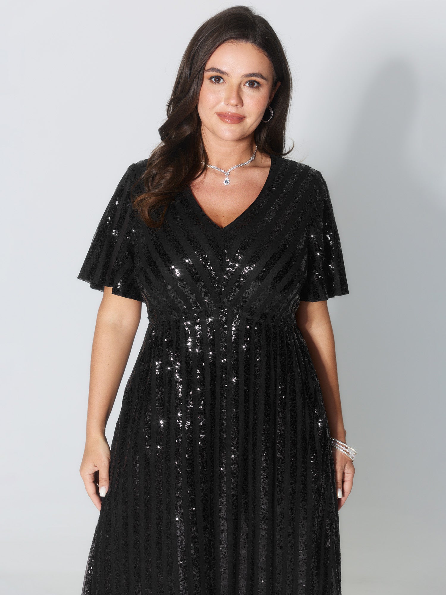 Shimmery Sequin V-Neck Midi Dress