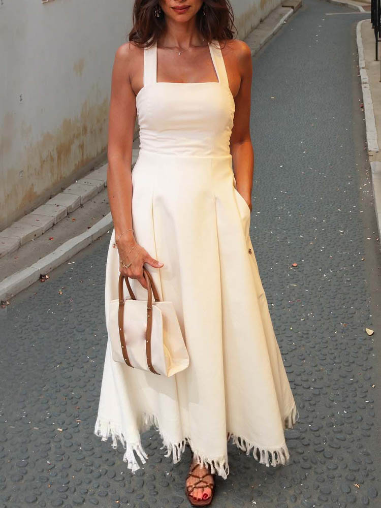 Women Spaghetti Strap Patchwork Tassel Casual Dress