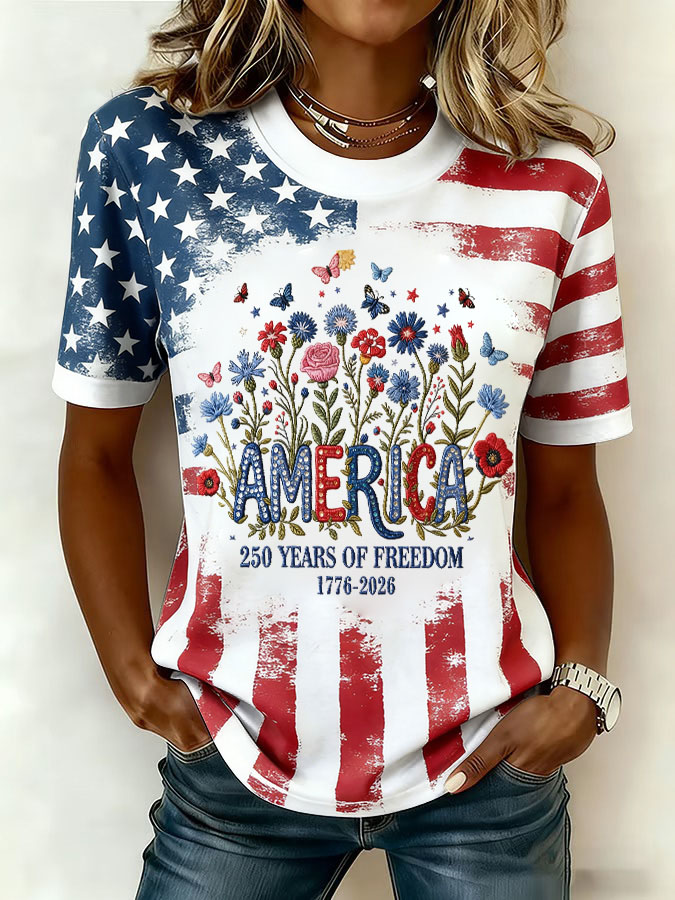 Women'S Casual American Independence Day 250Th Anniversary Founding Celebration Commemorative Print Round Neck Short Sleeved T-Shirt