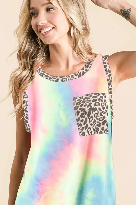Sleeveless Tie Dye Top With Leopard Band