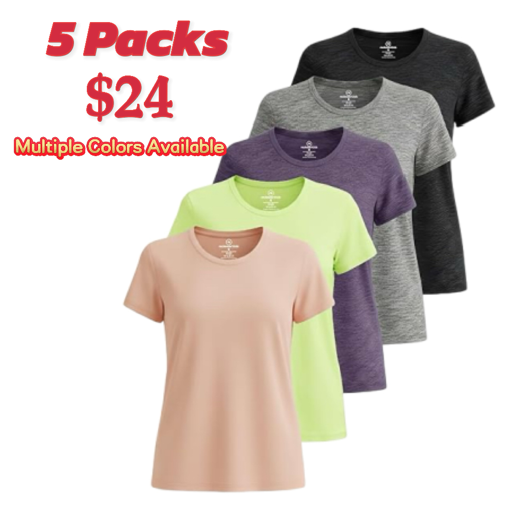 🔥Real Essentials 5 Pack🔥 Women's Short Sleeve T-Shirts Workout Tops Fitness Pilates Gym Activewear Athletic (Plus Available)