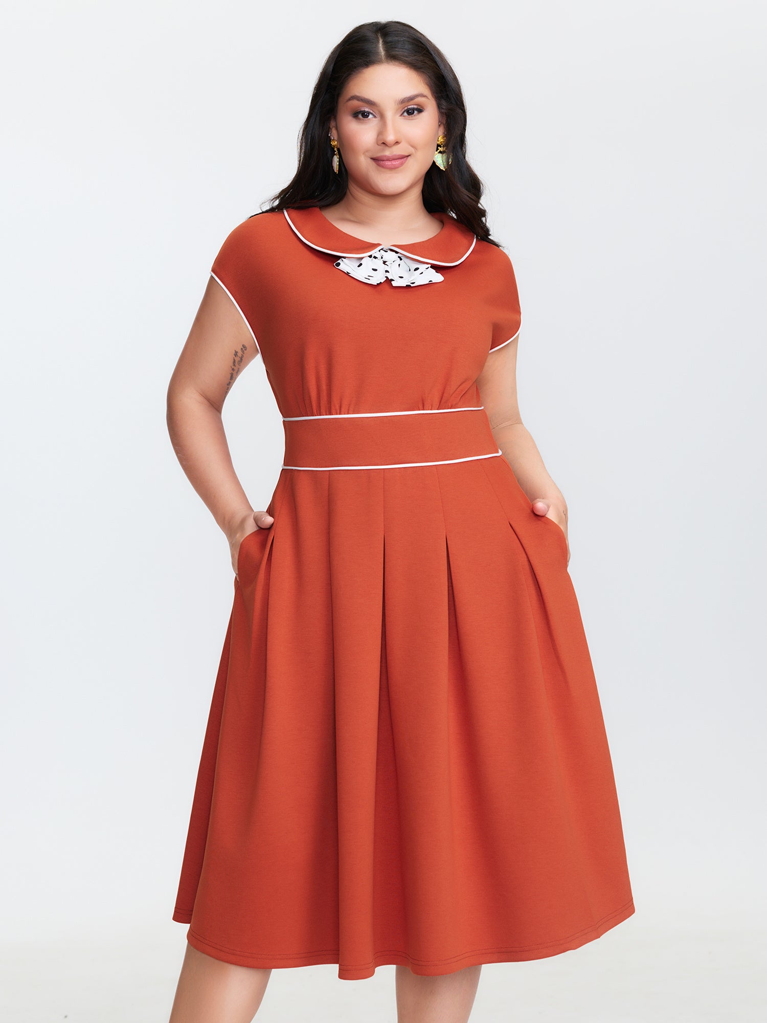 Butterfly Neckline Pockets Shirred Back Midi Dress