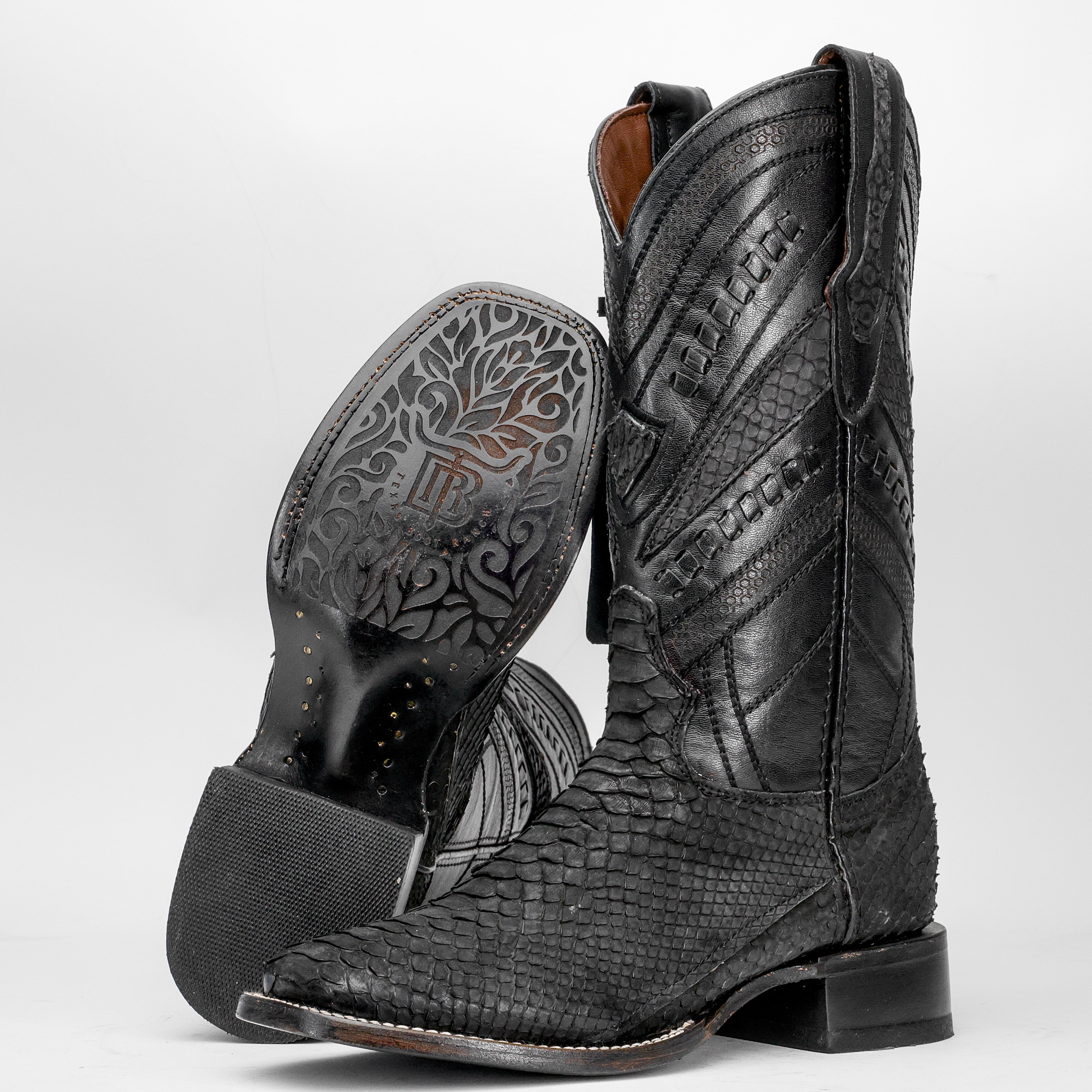 GENUINE Matte Black Python Boots - Square Toe