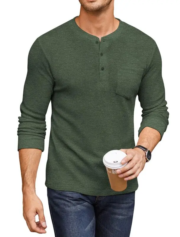 Men's Waffle Henley Long Sleeve Pocket Tee