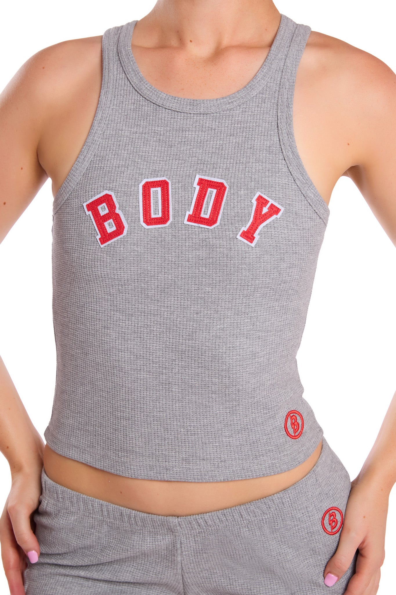 WAFFLE KNIT RACERBACK TOP (HEATHER GREY/RED)