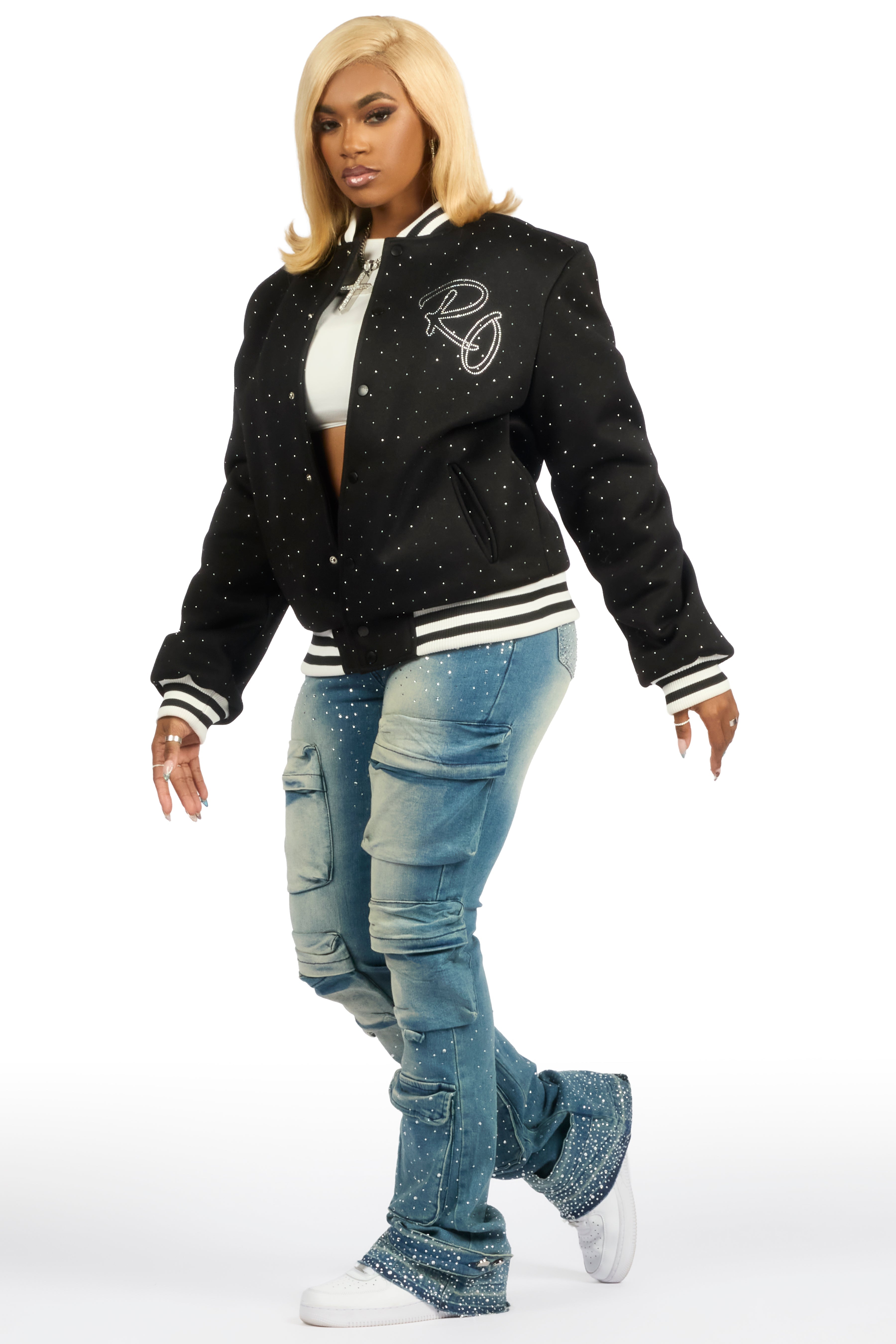 Alonza Black Rhinestone Varsity Jacket
