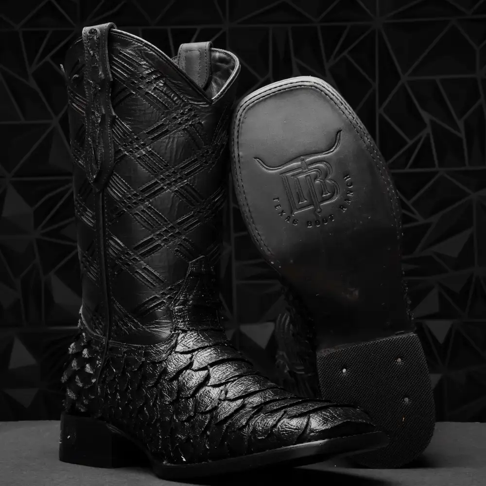 TOTAL BLACK Python Leather Boots - Square Toe