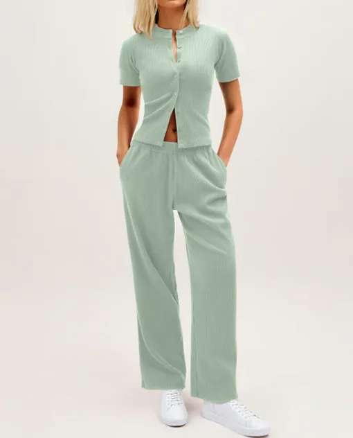 Chic Women's Button-Up Top & Wide Leg Trouser Set – Casual & Comfy!