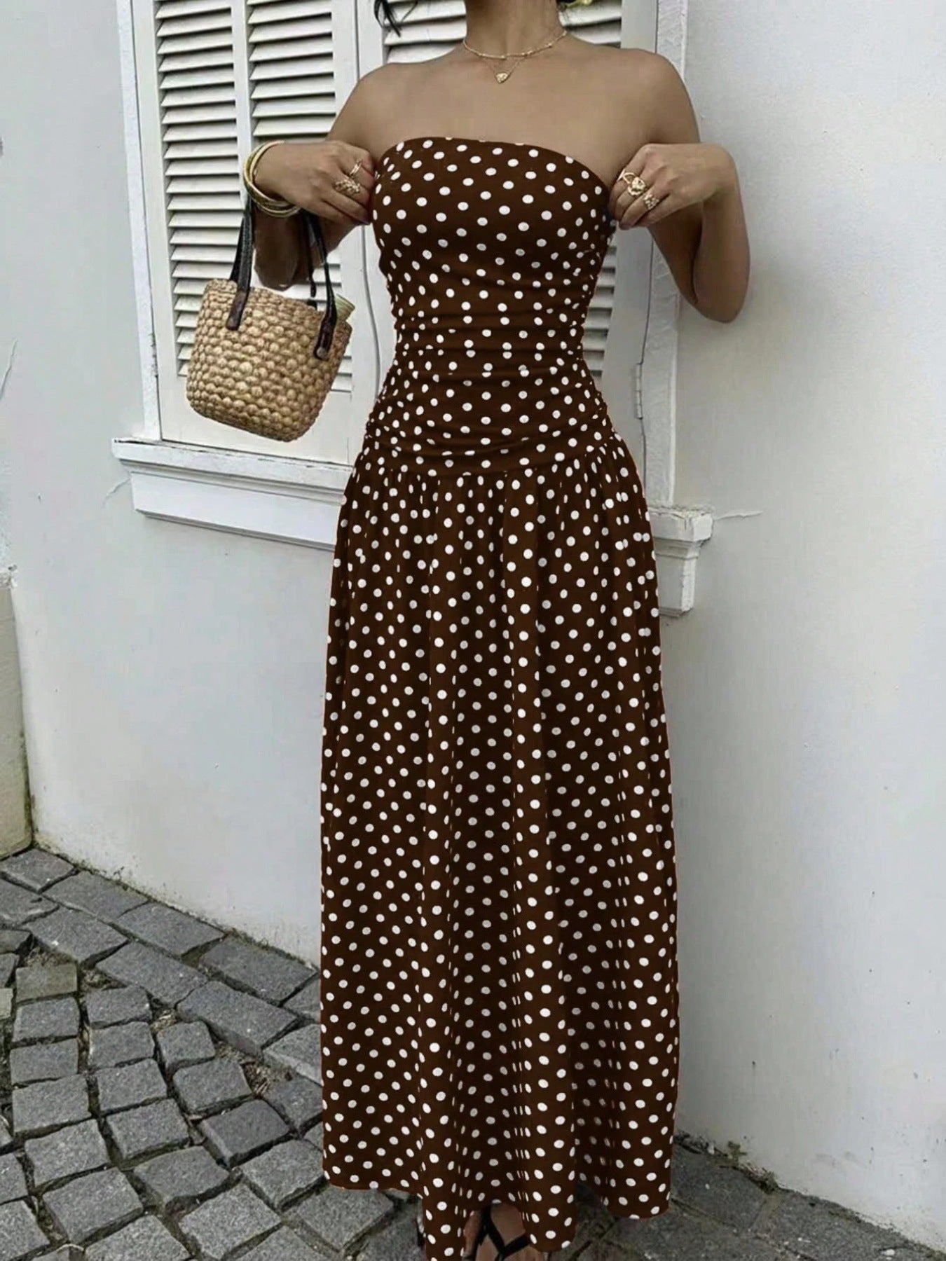 Polka Dot Strapless Maxi Dress