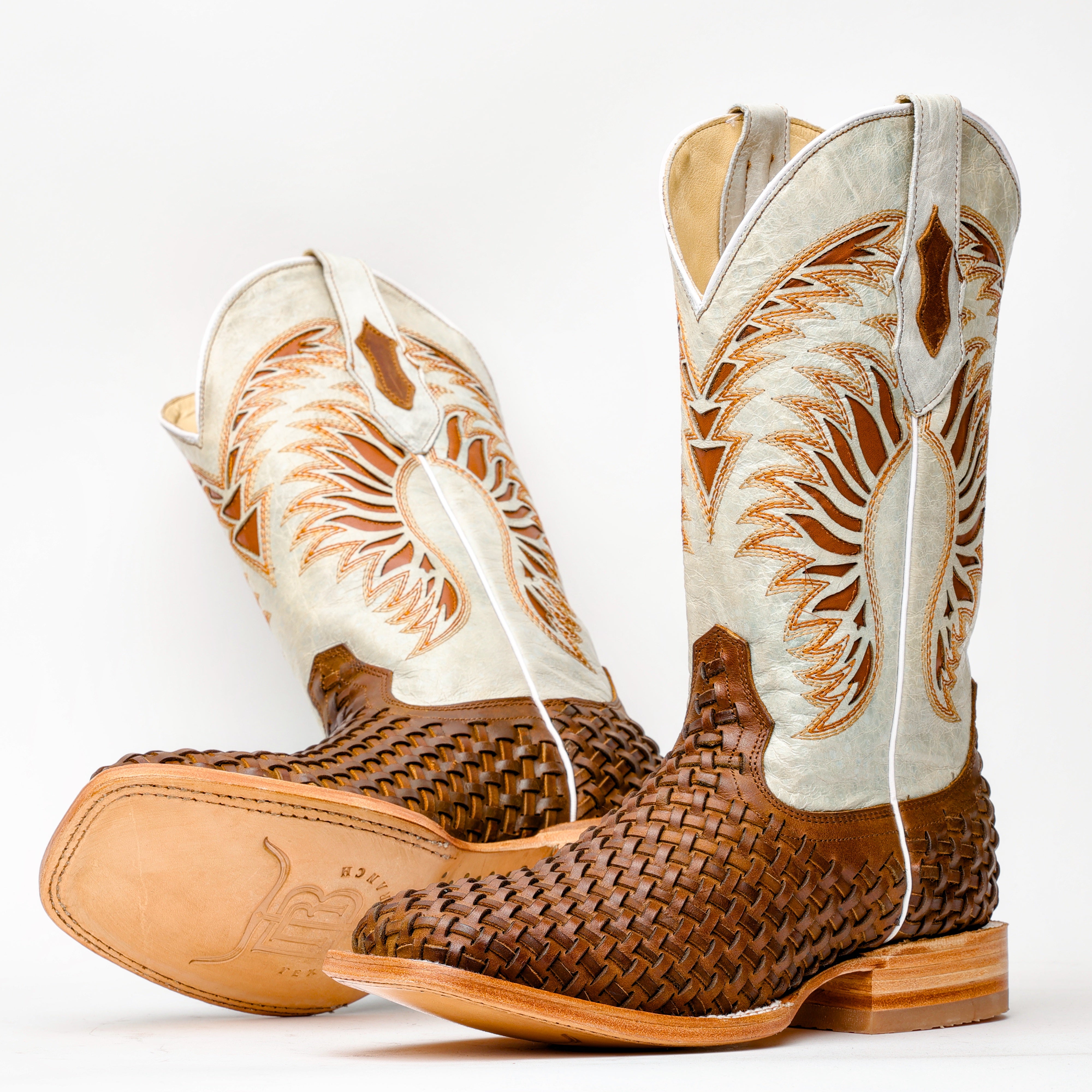 Tan Basketweave Leather Boots - Square Toe