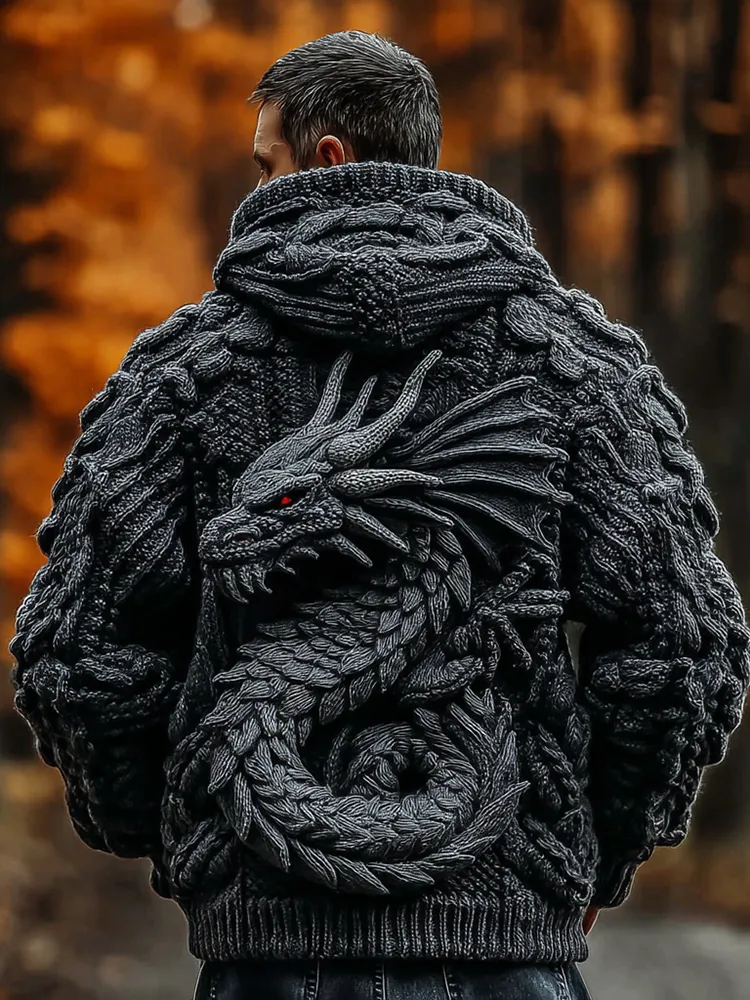 Men's Viking Dragon Totem Chunky Knit Hooded Cardigan