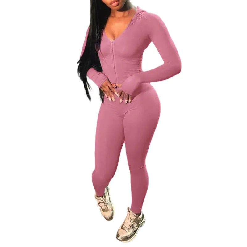 Women's Solid Color Zip Up Crop Top & High Waist Leggings Two-piece Set