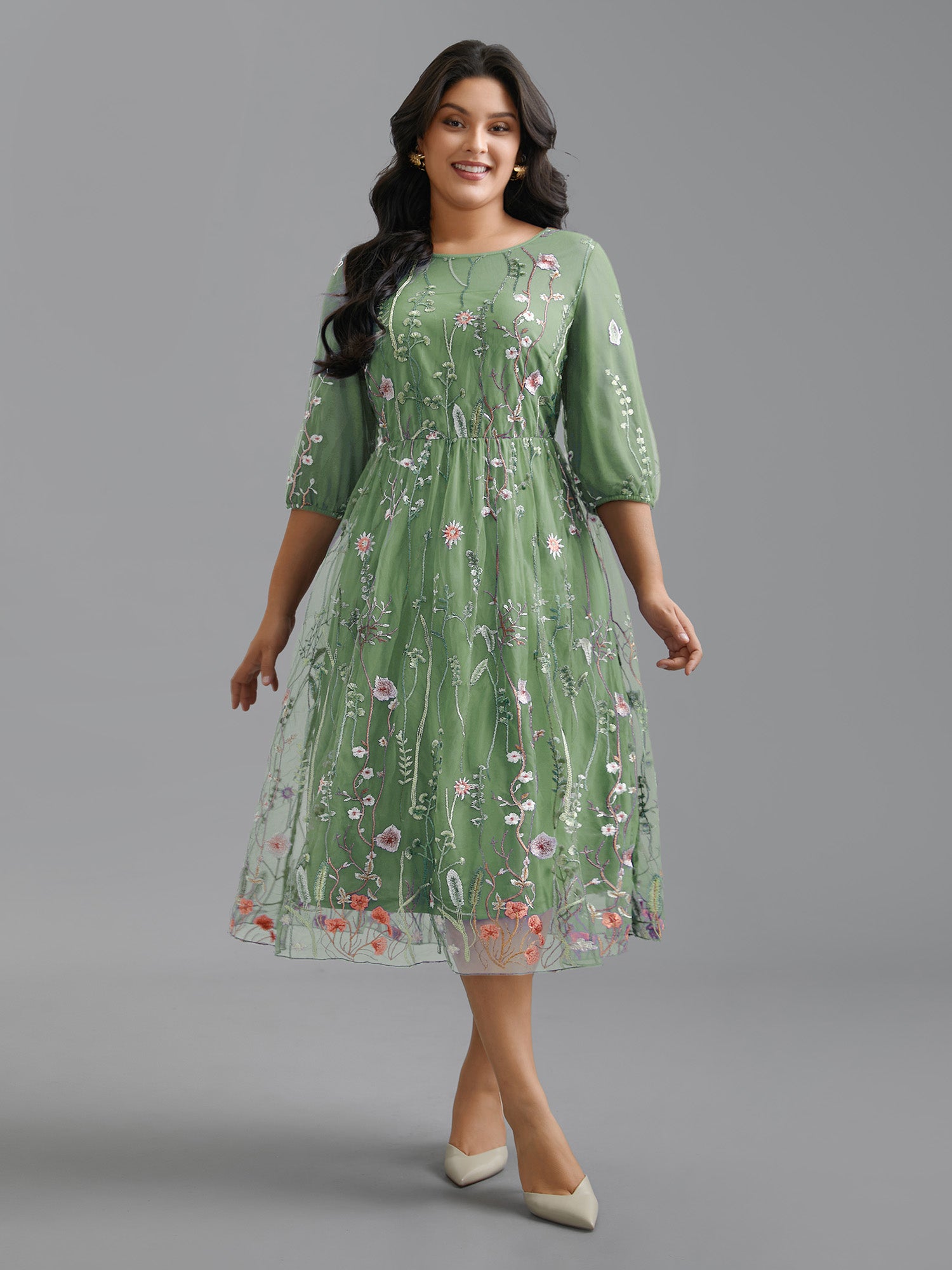 Floral Embroidered Elastic Waist Lined Midi Dress