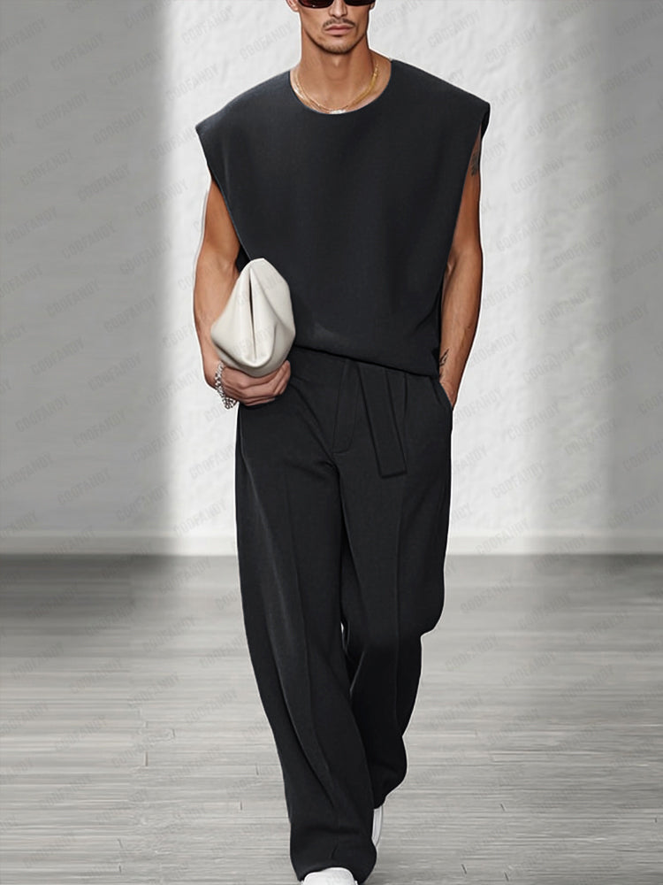 Urban Casual Shoulder Pad Tank Top Set